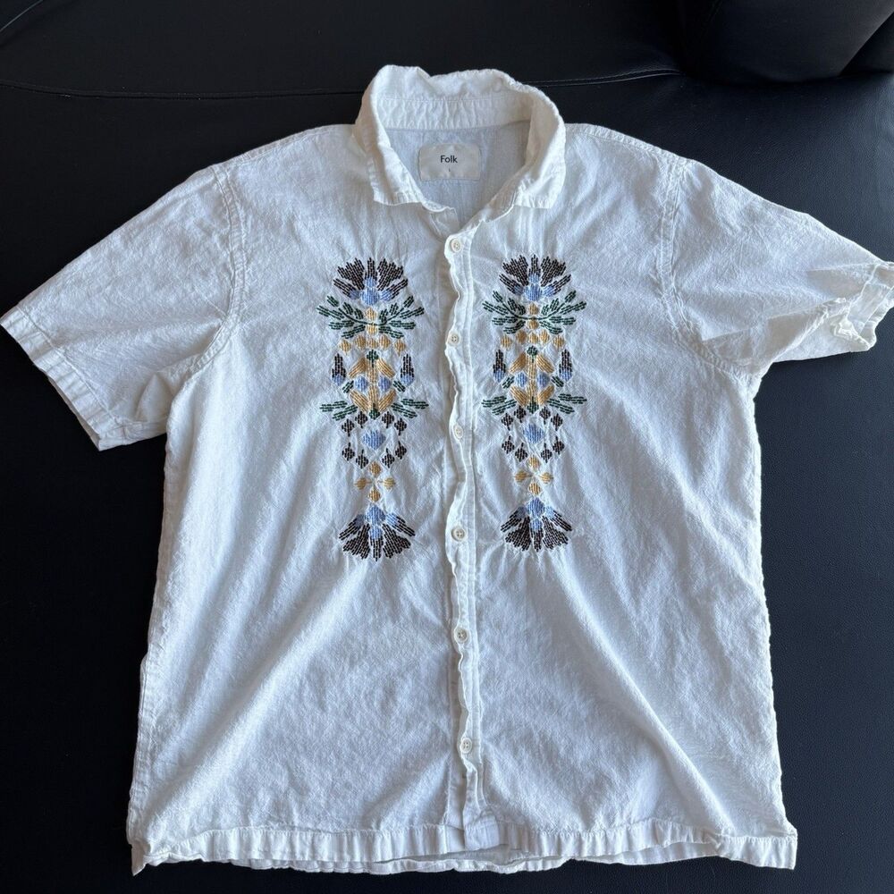 Folk Clothing Mast SS Shirt White Embroidered Linen Cotton Blend Men's Size L